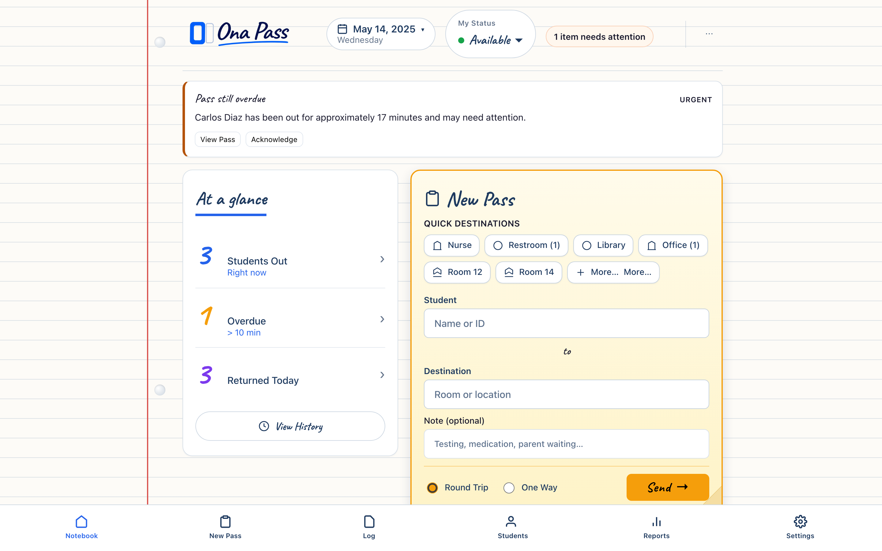 Ona Pass Staff Notebook — calm interface for daily pass work