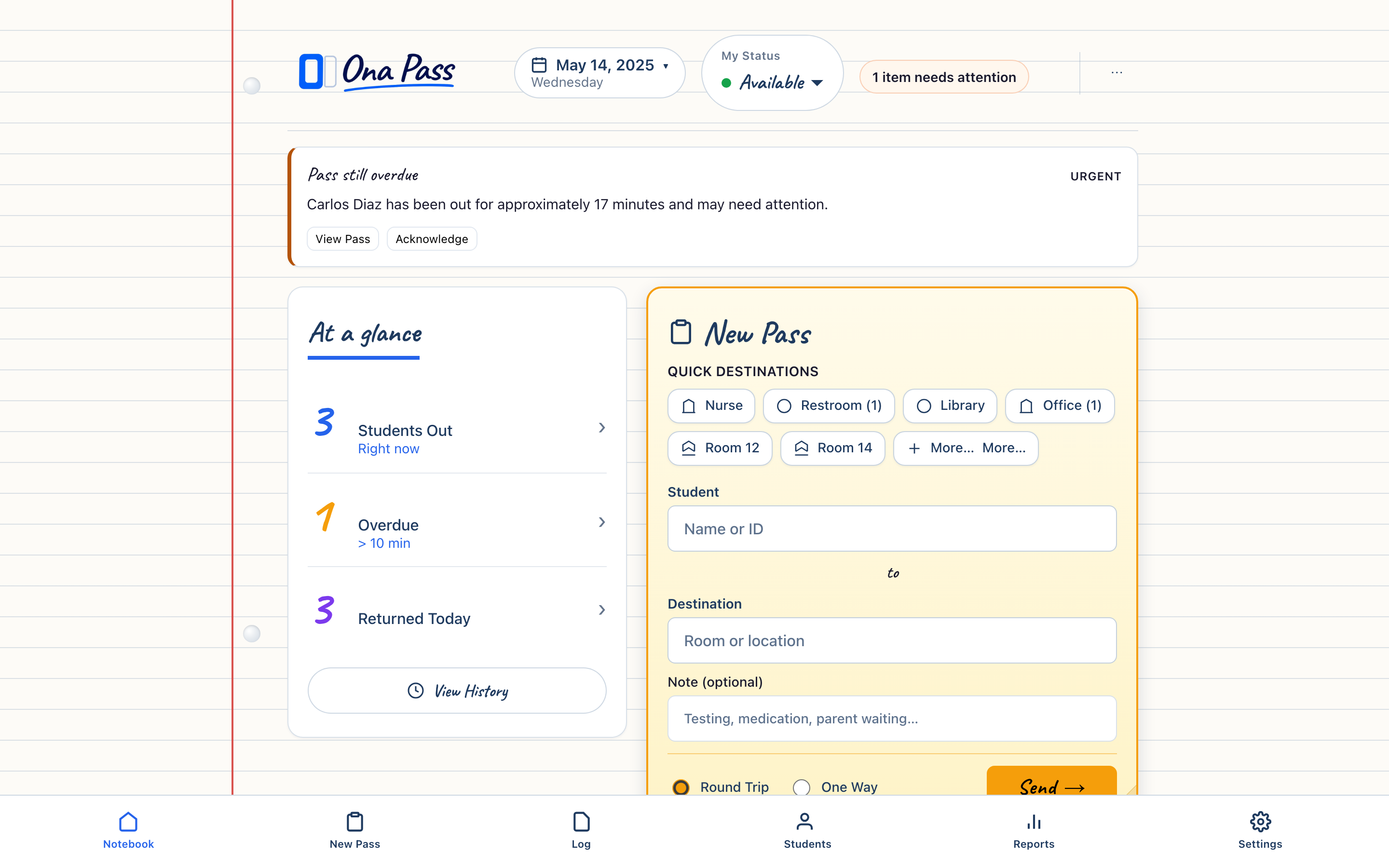 Ona Pass running in a web browser — Staff Notebook interface